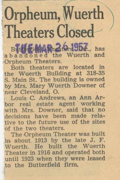 Orpheum Theatre - OLD ARTICLE FROM ANN ARBOR NEWS